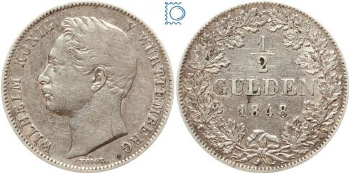 WÜRTTEMBERG ½ Gulden 1848, Wilhelm I. (1816–1864), J.69
