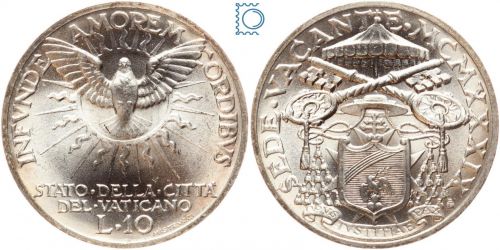 Vatikan, Vatikanstadt, 10 Lire 1939 - Sede Vacante - Silber