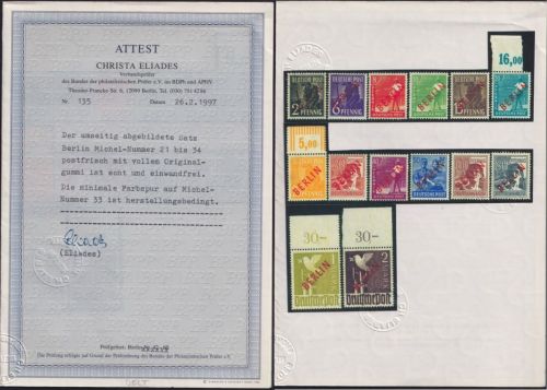 Berlin MiNr. 21-34 Rotaufdruck Oberrand postfrisch, Attest Eliades BPP