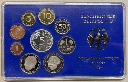 5x BRD KMS 1974 D - PP 1 Pf. - 5 Mark Silberadler Polierte Platte DM OVP