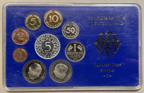 5x BRD KMS 1974 F - PP 1 Pf. - 5 Mark Silberadler Polierte Platte DM OVP