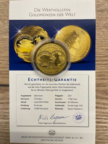 10 Dollar Solomon Inseln | 1/100 Oz Gold 999 | USA Double Eagle 1933