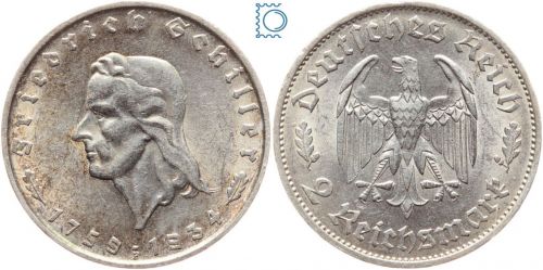 Deutsches Reich - 2 Mark 1934 F - Friedrich Schiller - Jäger 358