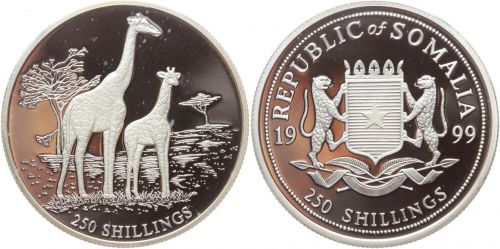 Somalia, 250 Schilling 1999, Giraffen, Silber 999 PP in Kapsel