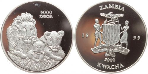 Zambia / Sambia 5000 Kwacha 1999 - Löwen - Proof PP