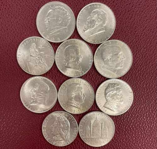 Österreich - 1. Republik - 10 x 2 Schilling 1928-1937 Silber - Serie komplett