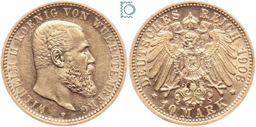 Kaiserreich, Württemberg 10 Mark 1906 F, Wilhelm II., Jäger 295, Goldmünze