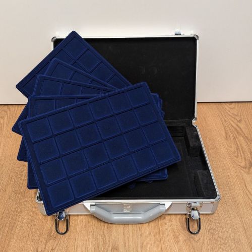 pro collect Alu-Münzkoffer silber - 5 Tableaus mit Schlüssel - 46mm Felder