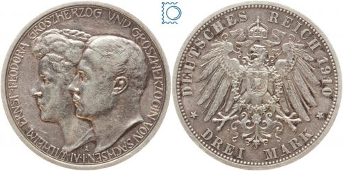 Sachsen Weimar Eisenach, 3 Mark 1910 A Großherzog Wilhelm Ernst Hochzeit Feodora