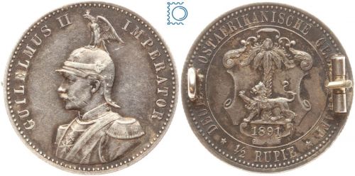 Deutsch-Ostafrika ½ Rupie 1891 A Kaiser Wilhelm II. | RS Lötspuren, Nadelreste
