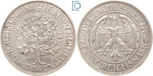 Weimarer Republik 5 Reichsmark 1928 A - Eichbaum - Silber - J. 331