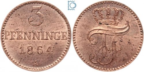Mecklenburg-Schwerin 3 Pfennig 1864 A Friedrich Franz II. (1842-1883) Erhaltung!