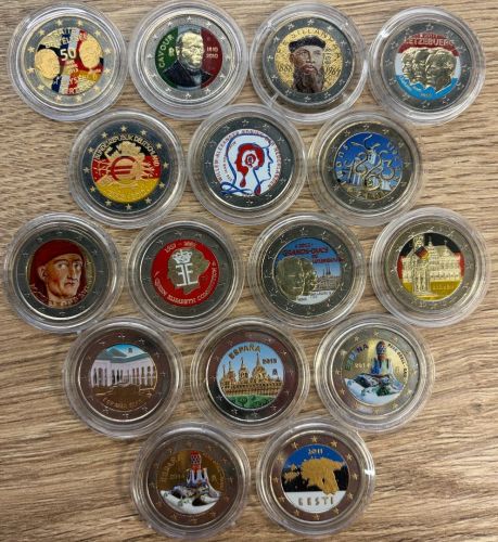 16 x 2 EURO Farbmünzen 2010-2014 - COLOR - Italien, Spanien, Estland, Finnland, NL,...