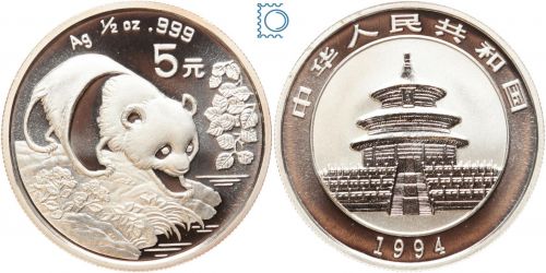 CHINA 5 Yuan 1994 - Panda 1/2 Oz Silber PP in Kapsel