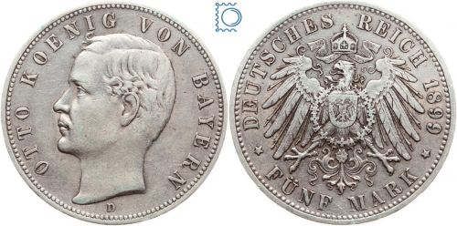BAYERN, 5 Mark, König OTTO, 1899 D, J.46, Silber, Kursmünze