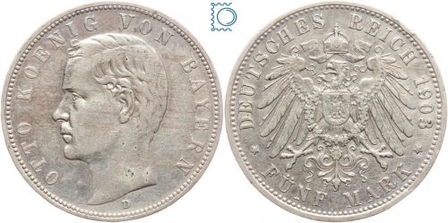 BAYERN, 5 Mark, König OTTO, 1903 D, J.46, Silber, Kursmünze