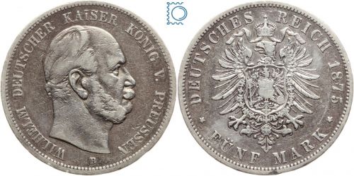 PREUSSEN, 5 Mark 1875 A, Wilhelm I., Jg. 97, Kursmünze