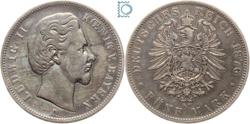 BAYERN, 5 Mark, König OTTO, 1876 D, J.46, Silber, Kursmünze