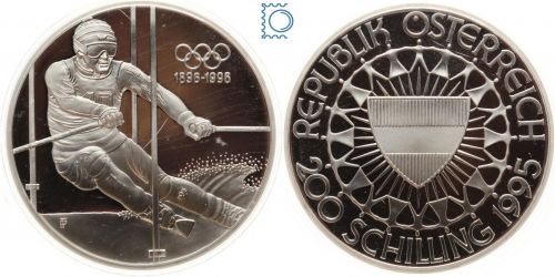 ÖSTERREICH 1995 - 200 Schilling 1 Unze Silber PP 1 Oz. Skiläufer