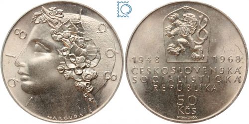 Tschechoslowakei 50 Korun 1968 Silber, 20 Jahre Republik / 50 Jahre CSSR