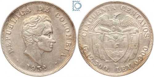 Kolumbien 50 Centavos 1932 B Kursmünze, Simon Bolivar, Silber
