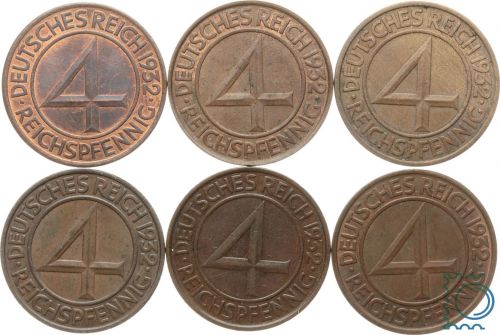 Weimar, 4 Pfennig 1932 ADEFGJ, Brüning, 4 Reichspfennig Komplettsatz