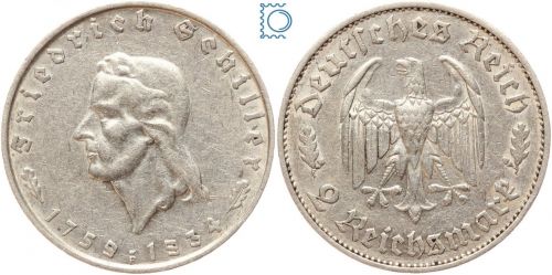 Deutsches Reich - 2 Mark 1934 F - Friedrich Schiller - Jäger 358