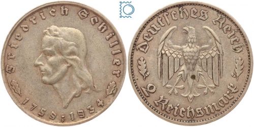 Deutsches Reich - 2 Mark 1934 F - Friedrich Schiller - Jäger 358