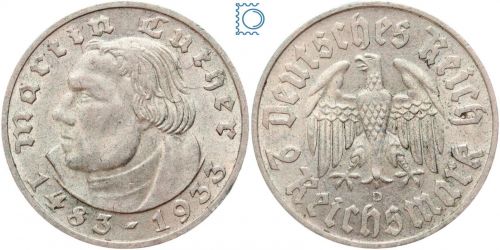 Deutsches Reich, 2 Mark 1933 D, Martin Luther, Jäger 352