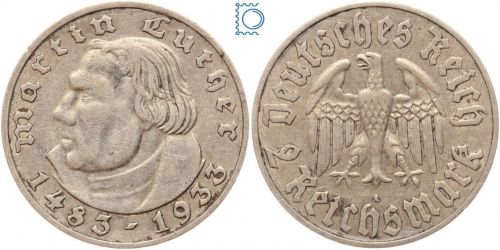 Deutsches Reich, 2 Mark 1933 A, Martin Luther, Jäger 352
