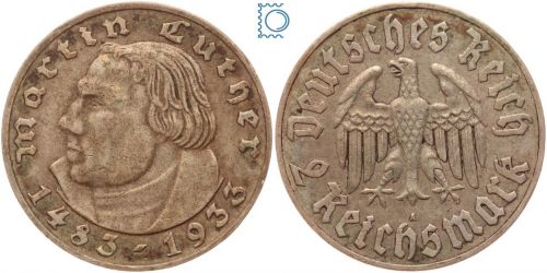 Deutsches Reich, 2 Mark 1933 A, Martin Luther, Jäger 352
