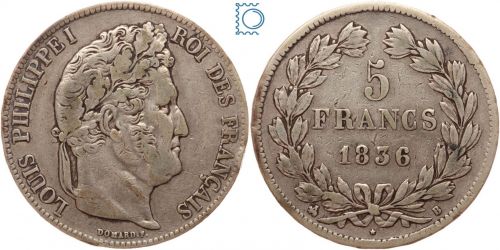 Frankreich, 5 Francs 1836 B Rouen, Louis Philippe (1830-1848)