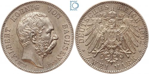 SACHSEN, 2 Mark 1902 E, Auf den Tod von König Albert, Silber