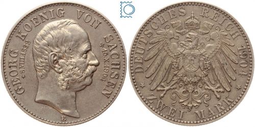 SACHSEN, 2 Mark 1904 E, Auf den Tod von König Georg, Silber Jäger 132