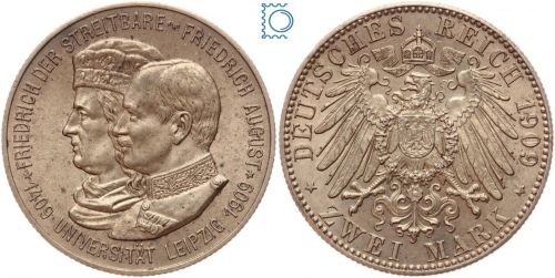 SACHSEN, 2 Mark 1909 E, 500 Jahre UNI Leipzig, Jg. 138 - Prachtexemplar