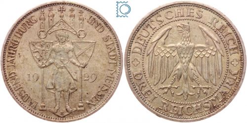 Weimar 3 Mark 1929 E, 100 Jahre Burg und Stadt Meissen, J.338, Silber