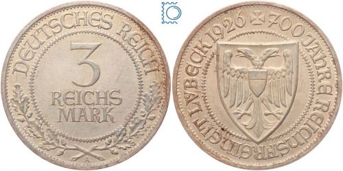 Weimar 3 Mark 1926 A, 700 Jahre Jahre Reichsfreiheit Lübeck, J.323, Silber