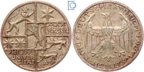 Weimar 3 Mark 1927 A, 400 Jahre Universität Marburg, J.330, Silber
