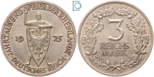 Weimar, 3 Reichsmark 1925 F | Jahrtausendfeier der Rheinlande | Jg. 321, Silber