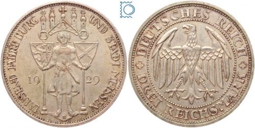 Weimar 3 Mark 1929 E, 100 Jahre Burg und Stadt Meissen, J.338, Silber