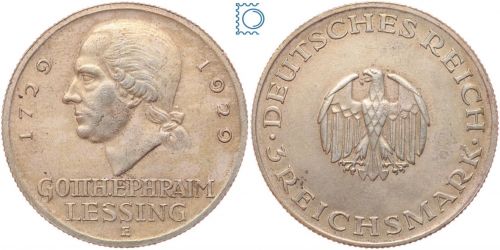 Weimar 3 Mark 1929 E, Gotthold Ephraim Lessing, J.335, Silber