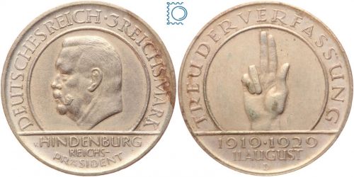 Weimar 3 Mark 1929 D, Schwurhand Hindenburg, J.340, Silber