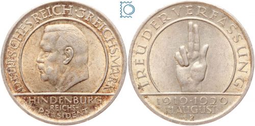 Weimar 3 Mark 1929 F, Schwurhand Hindenburg, J.340, Silber