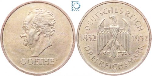 Weimar 3 Mark 1932 A, Johann Wolfgang von Goethe 100. Todestag, J.350, Silber