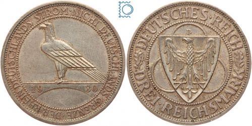 Weimar 3 Mark 1930 D, Rheinlandräumung, J.345, Silber, Patina!