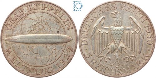 Weimar 5 Mark 1930 A | Graf Zeppelin Weltflug | J.342, Silber