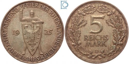 Weimar, 5 Reichsmark 1925 D, Jahrtausendfeier der Rheinlande, Jg. 321