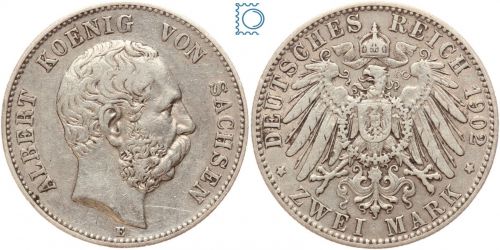 SACHSEN, 2 Mark 1902 E, Jaeger 124, Silber