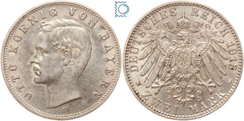 BAYERN, 3 Mark, König Otto, 1913 D, J.47, Silber