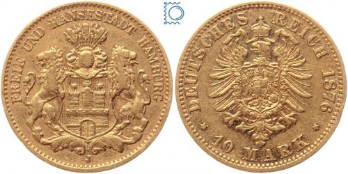 Kaiserreich, 10 Mark Hamburg 1876 B, Jäger 209, Goldmünze, seltener Jahrgang!